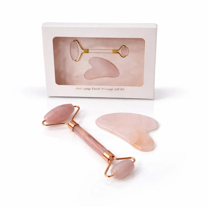 Rodillo facial de cuarzo rosa y gua sha